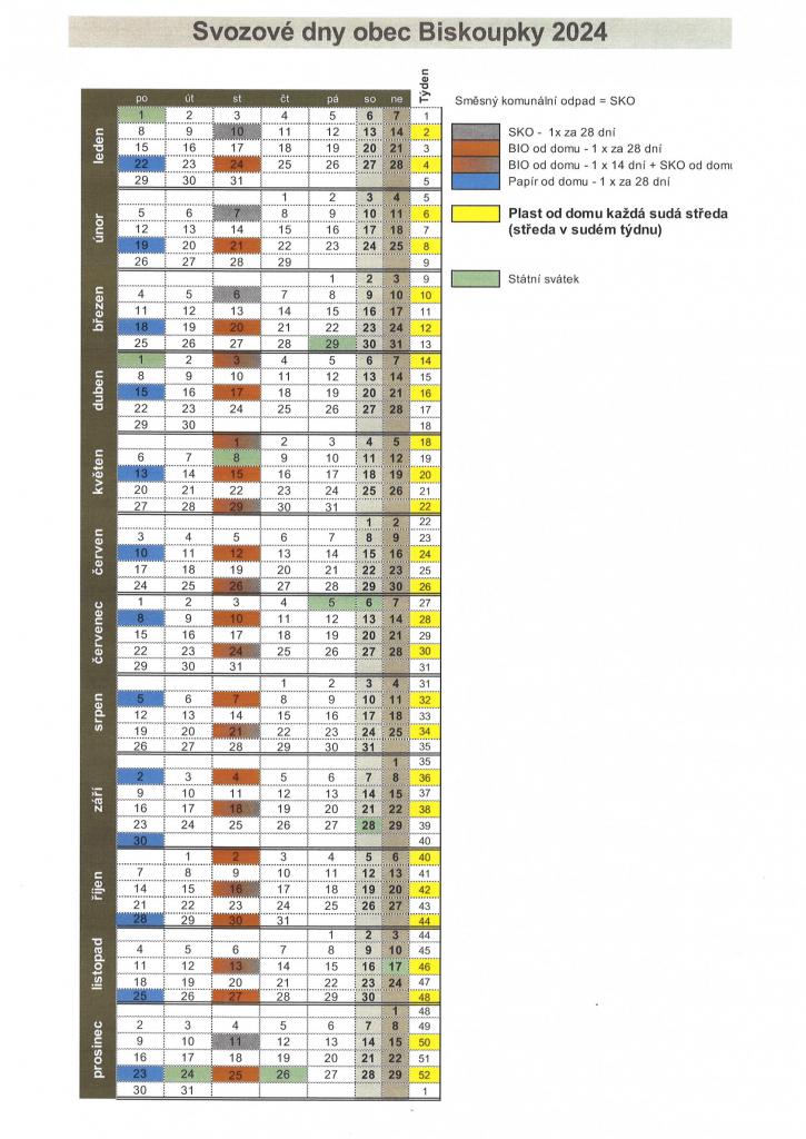 ODPADY - Rozpis svozových dnů v&nbsp;roce 2024