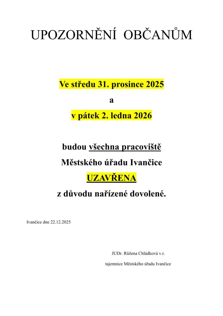 Otevírací doba MěÚ Ivančice